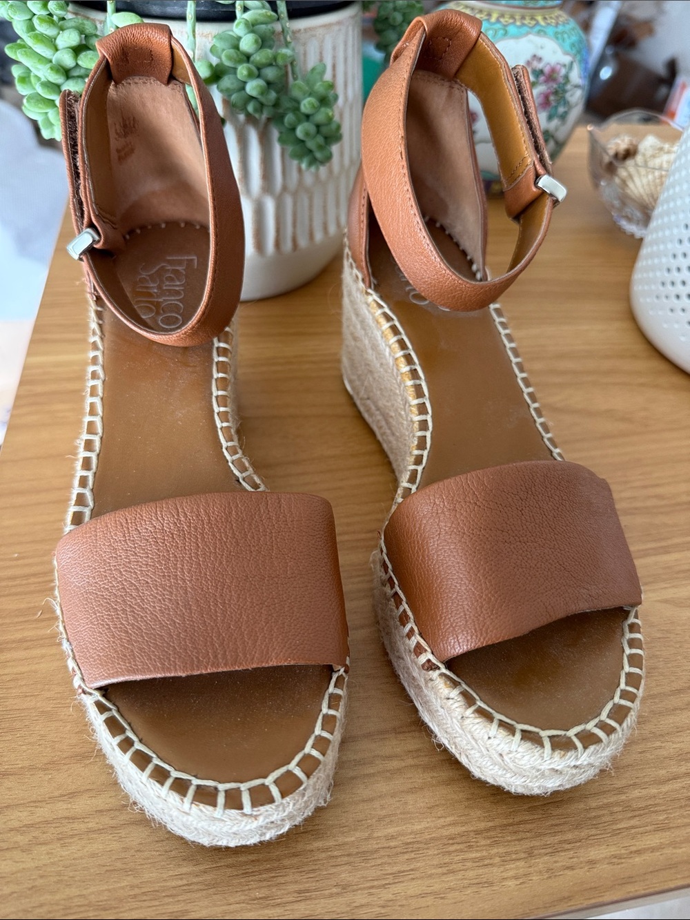 Franco Sarto Tan Leather Espadrille Wedge Sandals with Ankle Strap